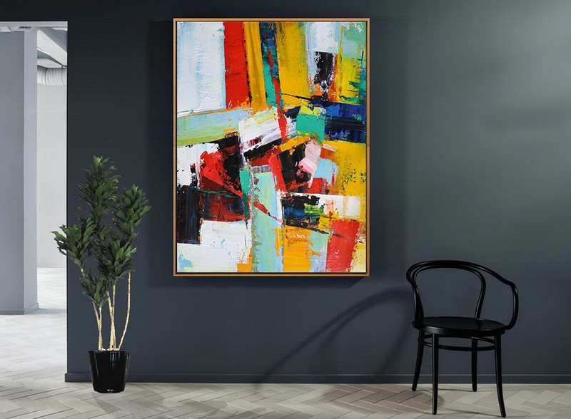 Xl Large Canvas Art,Vertical Palette Knife Contemporary Art,Large Oil Canvas Art,Red,Yellow,Dark Blue,White.etc
